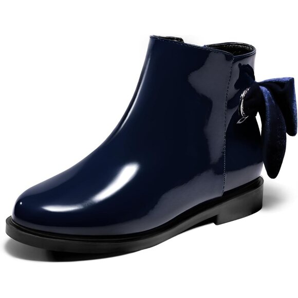 ⚡Girls Navy Blue Faux Leather Ankle Bow Chunky Low Heel Side Zipper Dress Boot - Picture 4 of 6